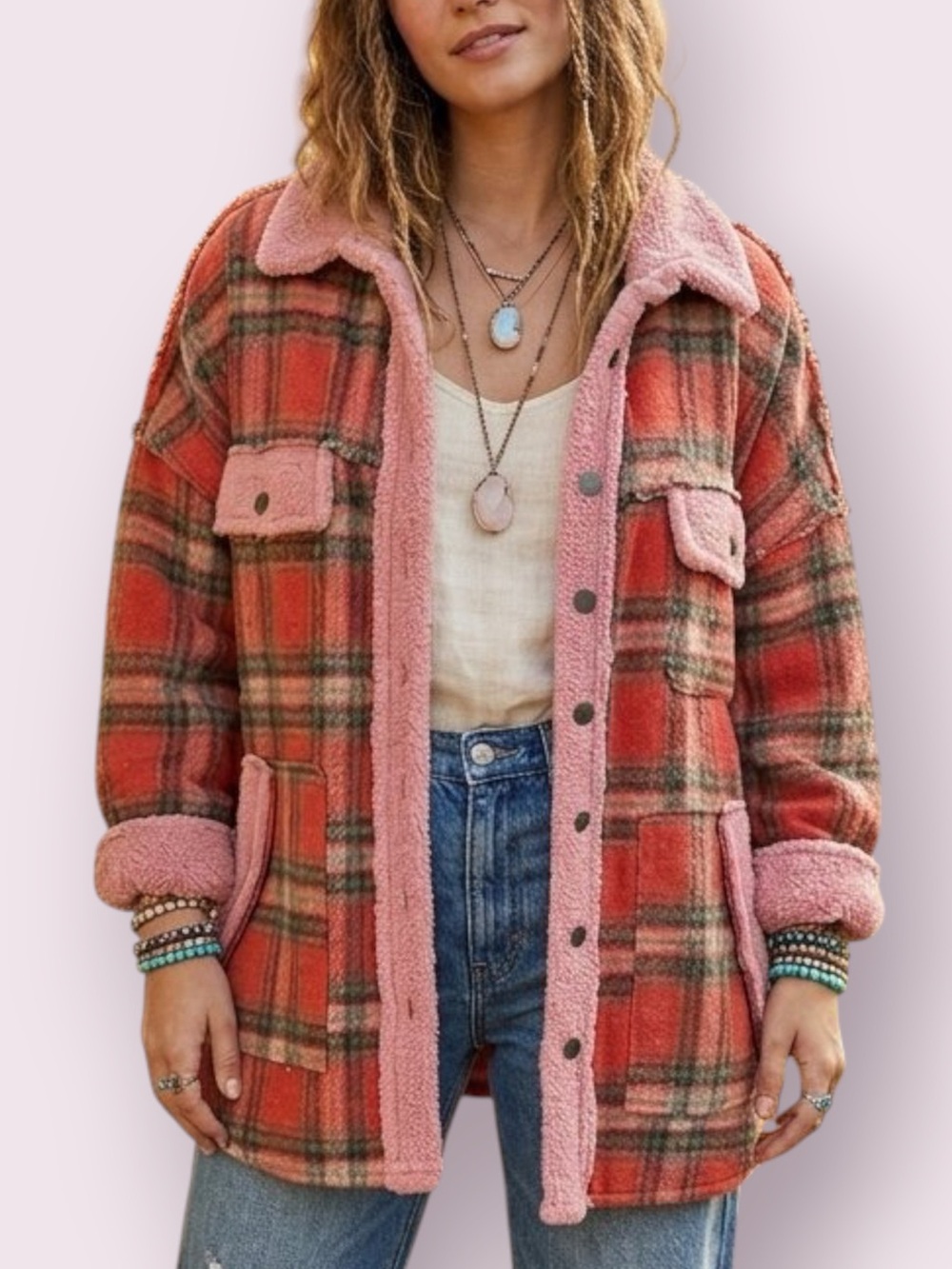 POL Panache Plaid Teddy Shacket Jacket Flannel & Sherpa Red Pink Oversized Large